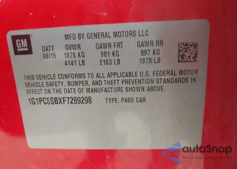 2015 Chevrolet Cruze 1Lt Auto из США, поврежденный, VIN 1G1PC5SBXF7289298